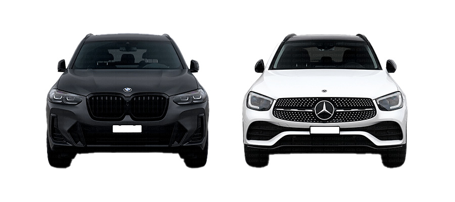 bmw x3 m40i lci and mercedes glc 43 amg front side view comparison